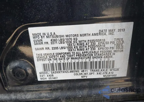 2013 Mitsubishi Outlander Sport Le z USA, uszkodzony, nr VIN 4A4AR5AU2DE021829